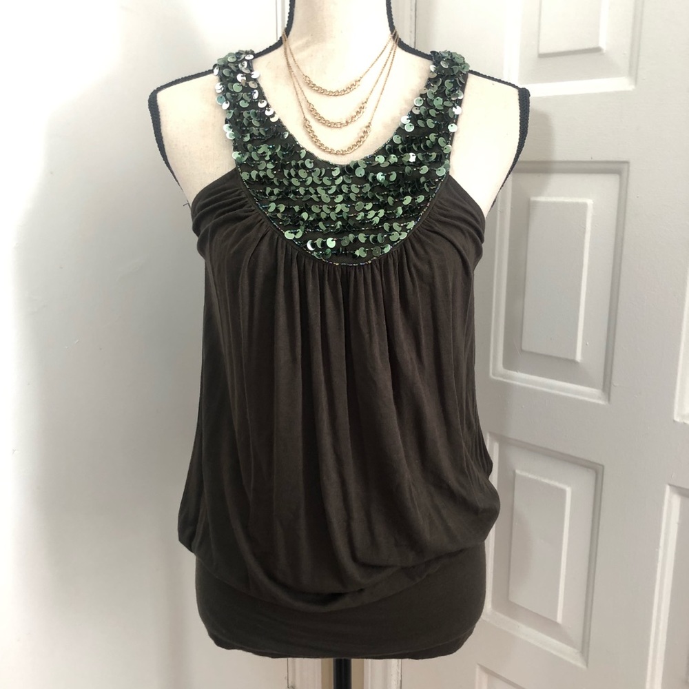 Brown & Green Sequin Racerback Tunic Dress Blouse